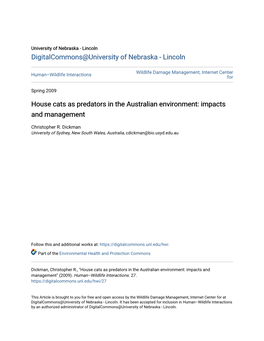 House Cats As Predators in the Australian Environment: Impacts and Management