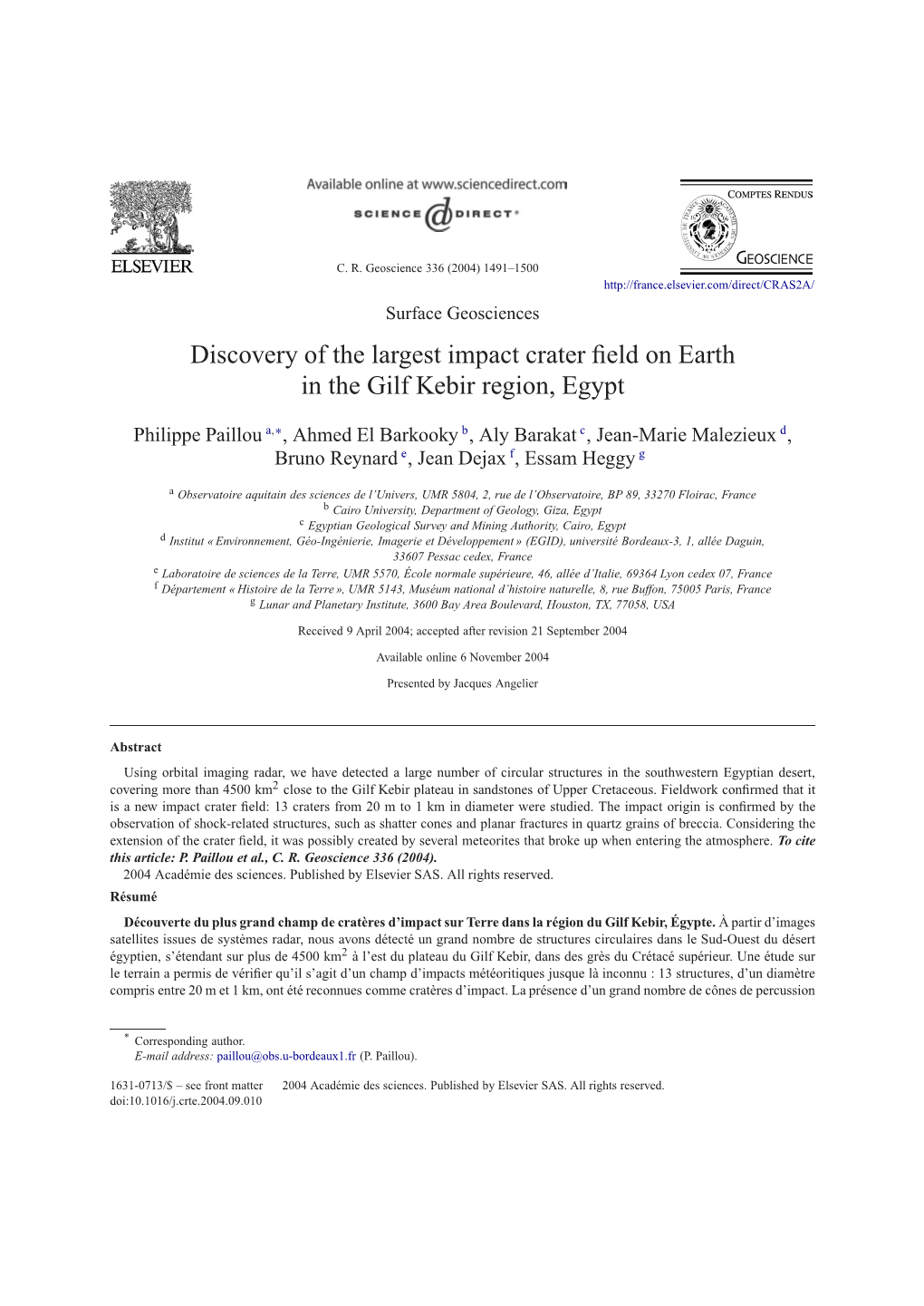 Discovery of the Largest Impact Crater Field on Earth in the Gilf Kebir