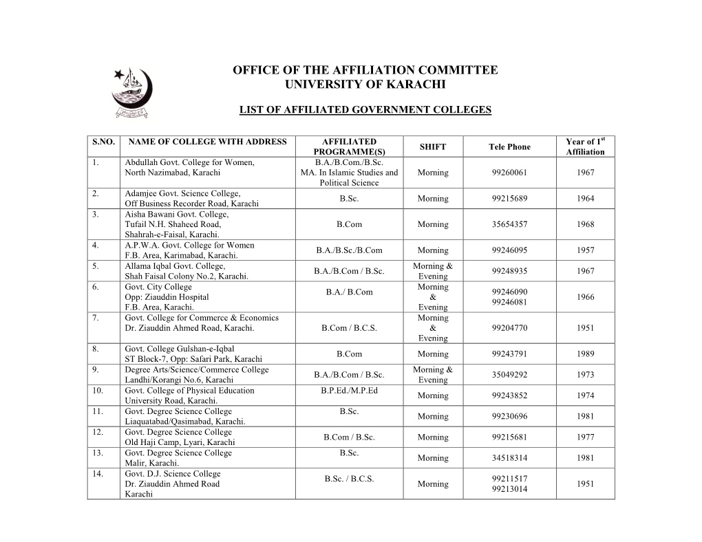 Office of the Affiliation Committee University of Karachi