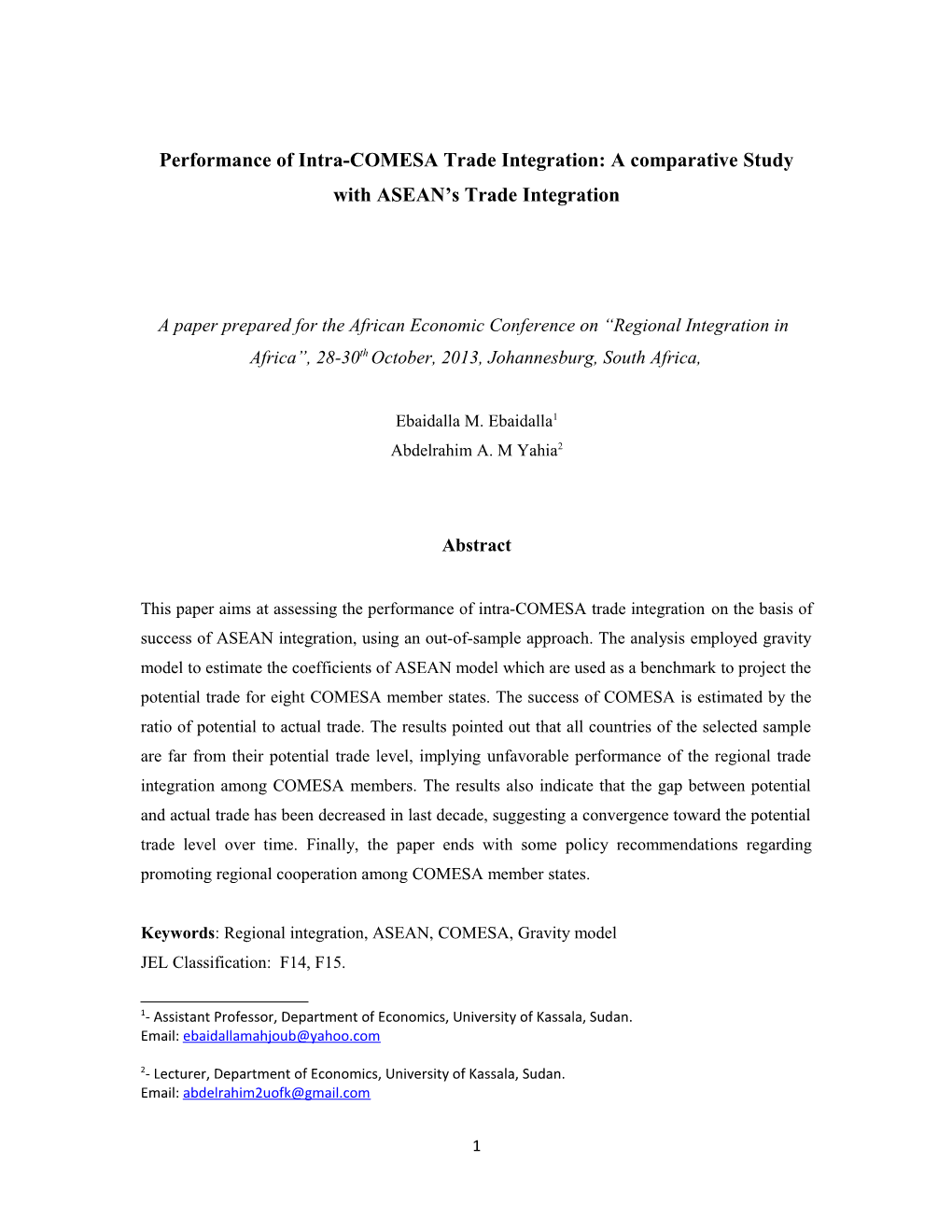 Performance of Intra-COMESA Trade Integration: a Comparative Study with ASEAN S Trade