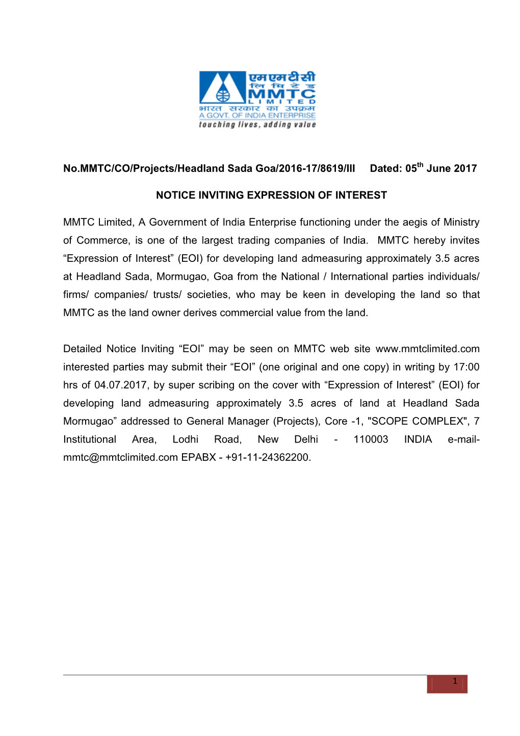 No.MMTC/CO/Projects/Headland Sada Goa/2016-17/8619/III Dated: 05Th June 2017