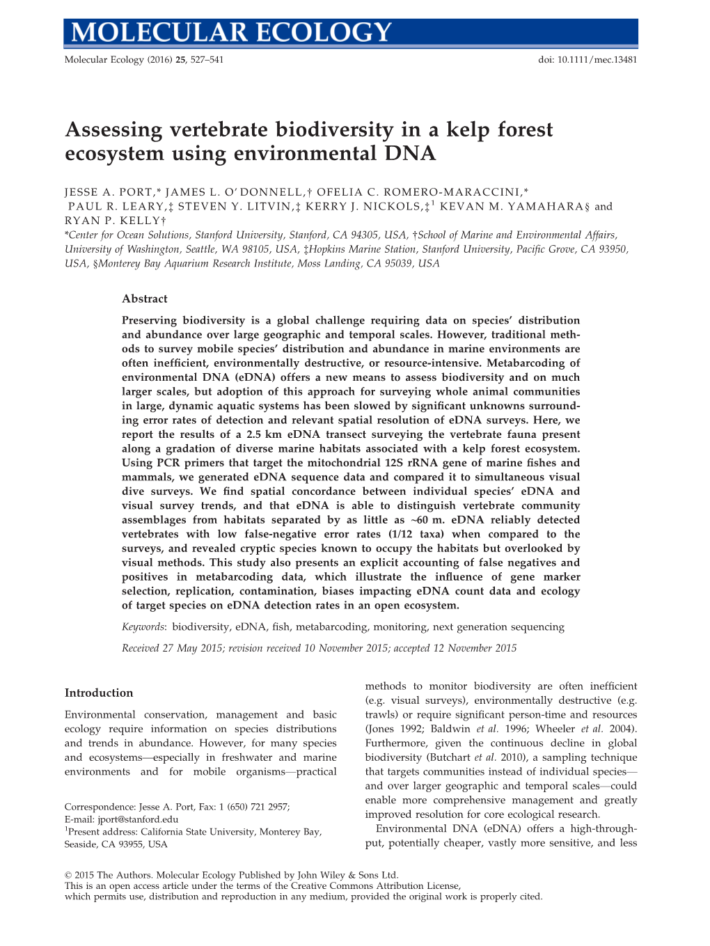 Assessing Vertebrate Biodiversity in a Kelp Forest Ecosystem Using Environmental DNA