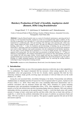 Hatchery Production of Clark's Clownfish, Amphiprion Clarkii