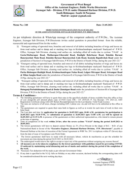 Government of West Bengal Office of the Assistant Engineer, Public Works Directorate Joynagar Sub – Division, P.W.D. Under Diamond Harbour Division, P.W.D