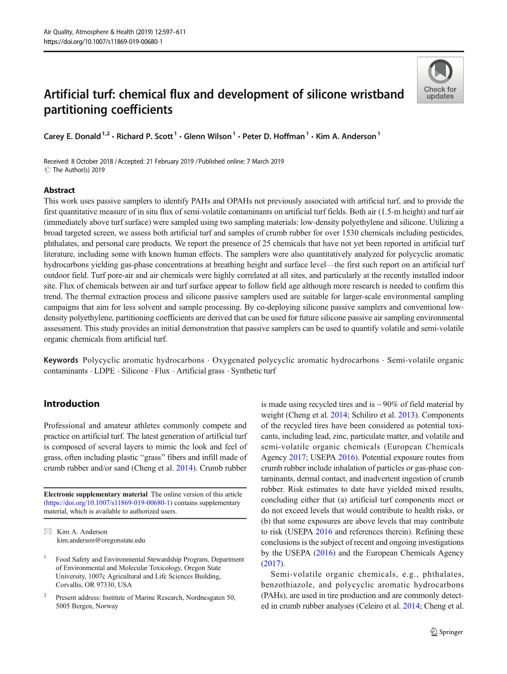 Artificial Turf: Chemical Flux and Development of Silicone Wristband Partitioning Coefficients