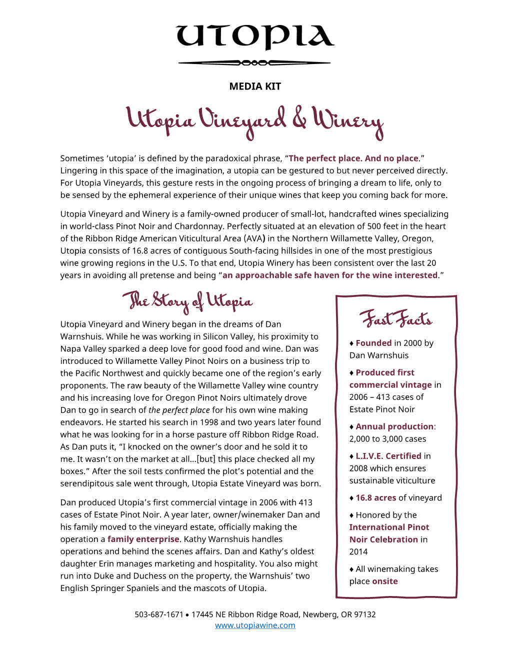 MEDIA KIT Utopia Vineyard & Winery
