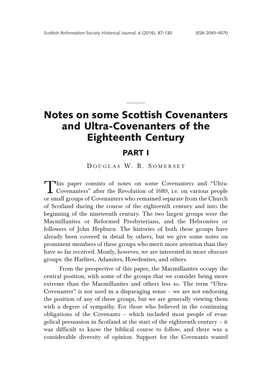 Notes on Some Scottish Covenanters and Ultra-Covenanters of the Eighteenth Century PART I