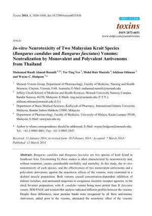 Bungarus Candidus and Bungarus Fasciatus) Venoms: Neutralization by Monovalent and Polyvalent Antivenoms from Thailand