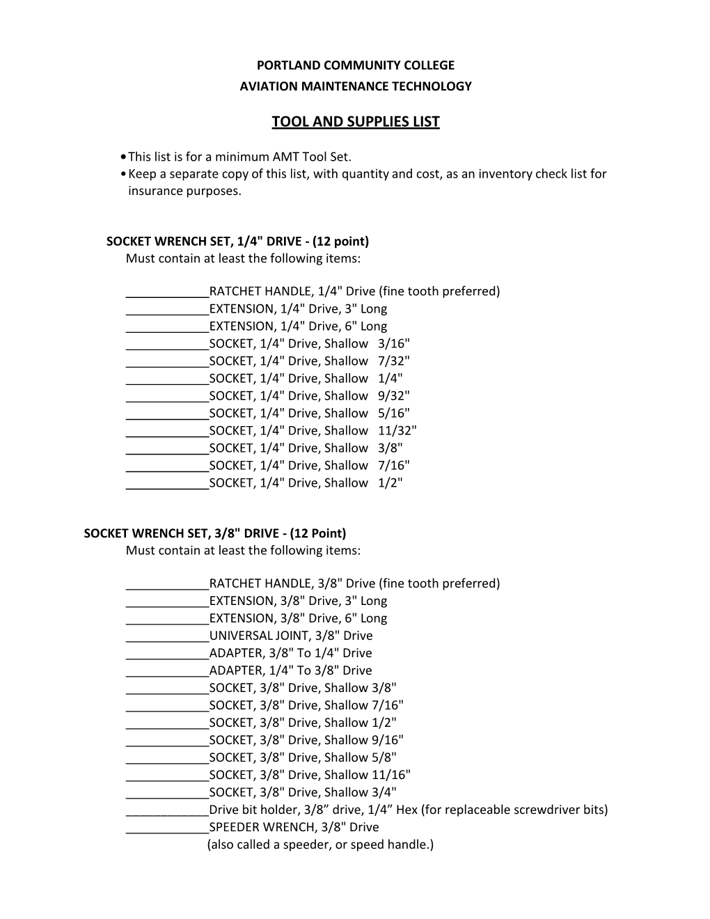 Aviation Maintenance Technology Tool List |