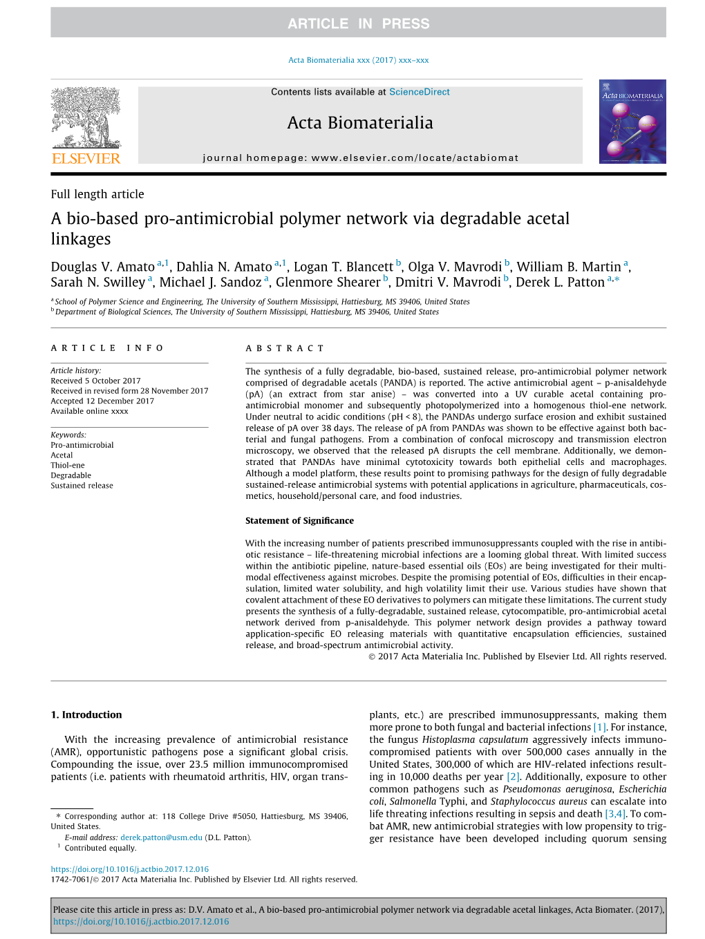 A Bio-Based Pro-Antimicrobial Polymer Network Via Degradable Acetal Linkages