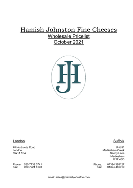 Hamish Johnston Fine Cheeses Wholesale Pricelist October 2021