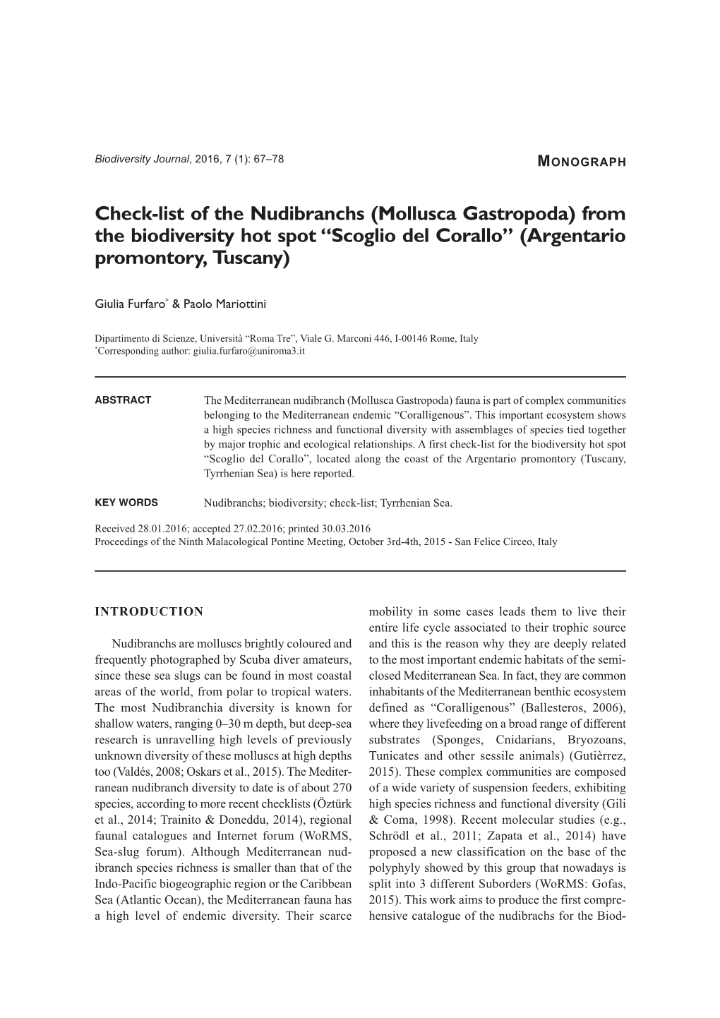 Check-List of the Nudibranchs (Mollusca Gastropoda) from the Biodiversity Hot Spot “Scoglio Del Corallo” (Argentario Promontory, Tuscany)