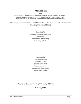 M.Phil Thesis on BEHAVIORAL PATTERN of MOBILE PHONE USERS in DHAKA CITY: a COMPARATIVE STUDY on GRAMEENPHONE and BANGLALINK
