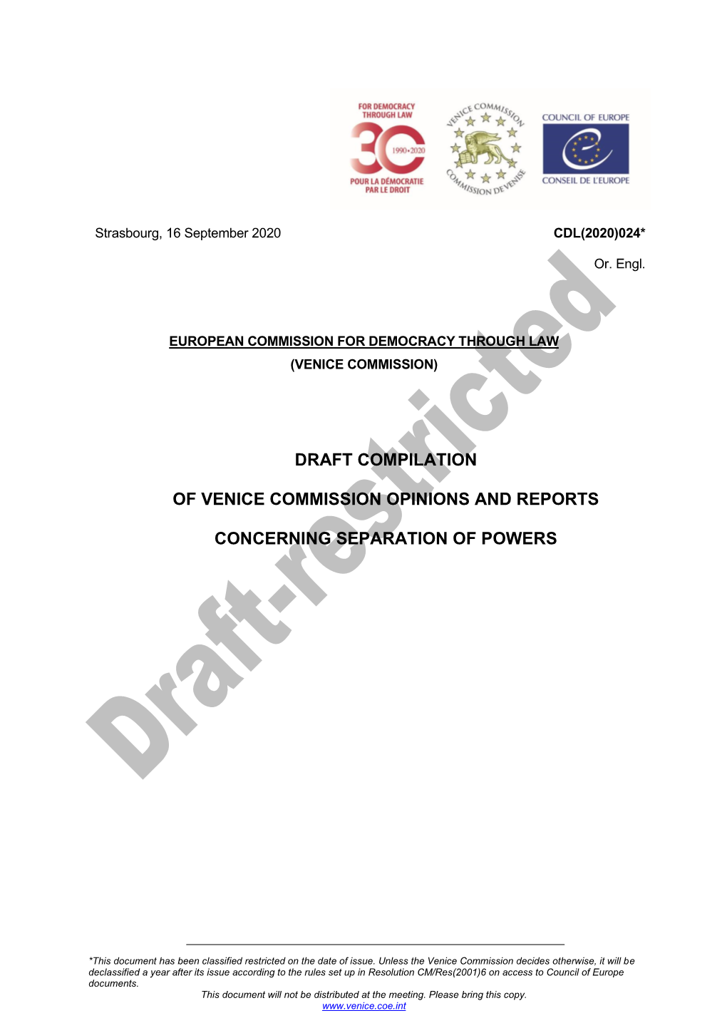 Draft Compilation of Venice Commission Opinions and Reports Concerning Separation of Powers