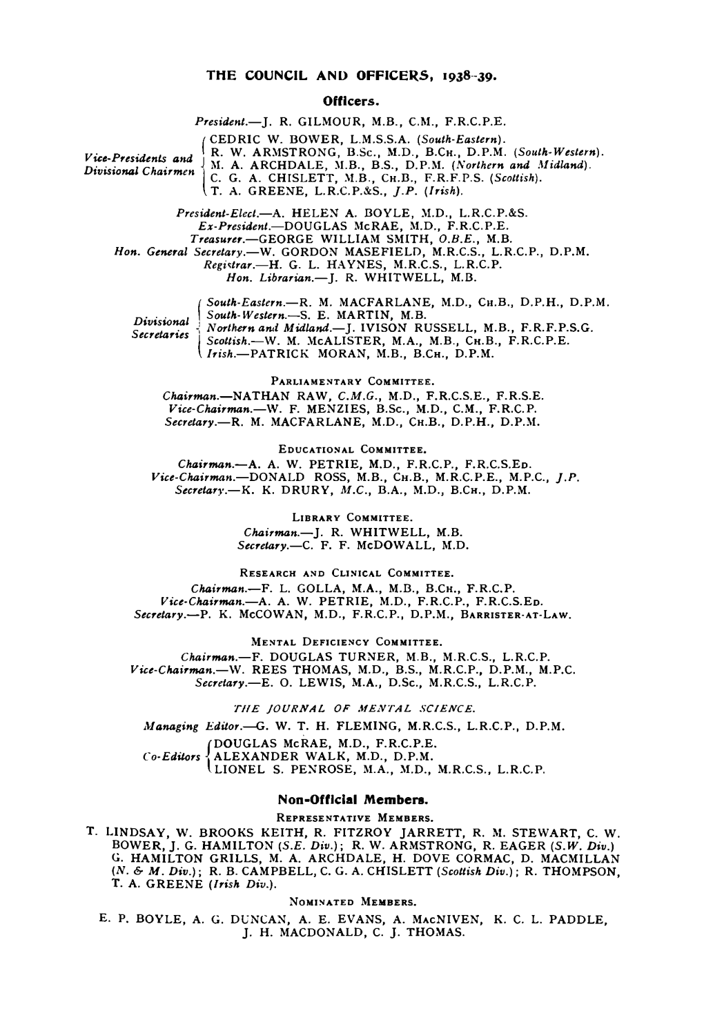 THE COUNCIL and OFFICERS, 1938-39. Officers. Non-Official Members