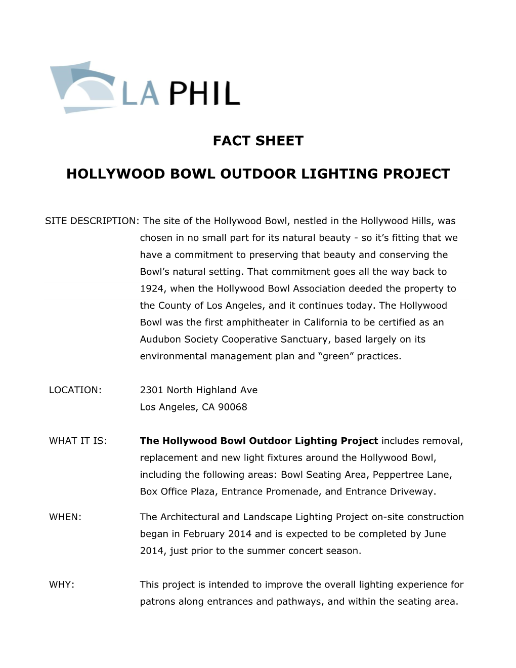 Fact Sheet Hollywood Bowl Outdoor Lighting Project