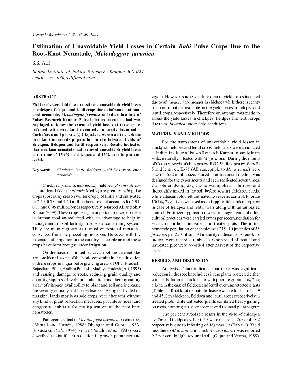 Estimation of Unavoidable Yield Losses in Certain Rabi Pulse Crops Due to the Root-Knot Nematode, Meloidogyne Javanica S.S