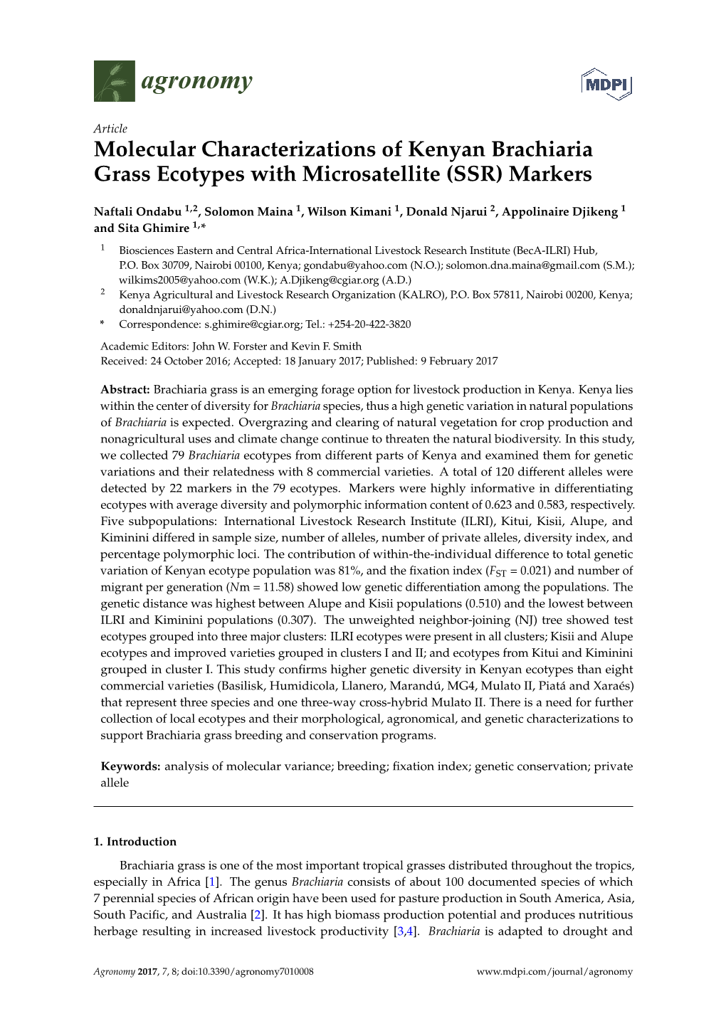 Molecular Characterizations of Kenyan Brachiaria Grass Ecotypes with Microsatellite (SSR) Markers