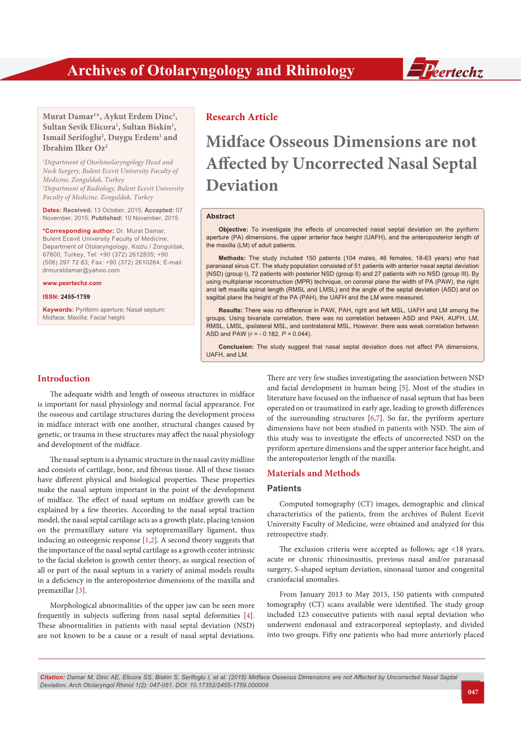 Midface Osseous Dimensions Are Not Affected by Uncorrected Nasal Septal Deviation