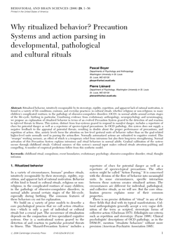 Why Ritualized Behavior? Precaution Systems and Action Parsing in Developmental, Pathological and Cultural Rituals