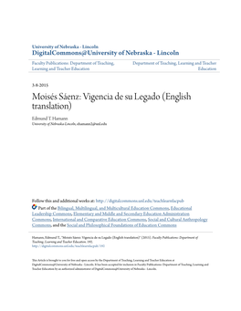 Moisés Sáenz: Vigencia De Su Legado (English Translation) Edmund T