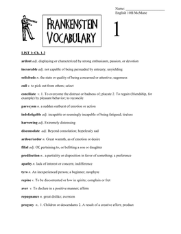 Frankenstein Vocabulary