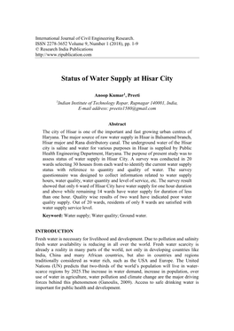 Status of Water Supply at Hisar City