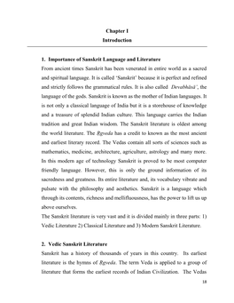 Chapter I Introduction 1. Importance of Sanskrit Language and Literature
