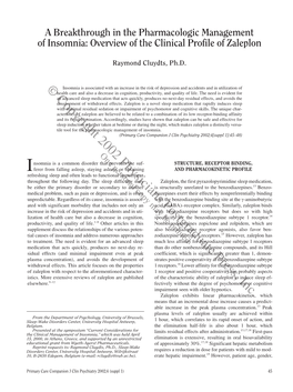 A Breakthrough in the Pharmacologic Management of Insomnia: Overview of the Clinical Profile of Zaleplon