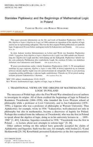 Stanislaw Piatkiewicz and the Beginnings of Mathematical Logic in Poland