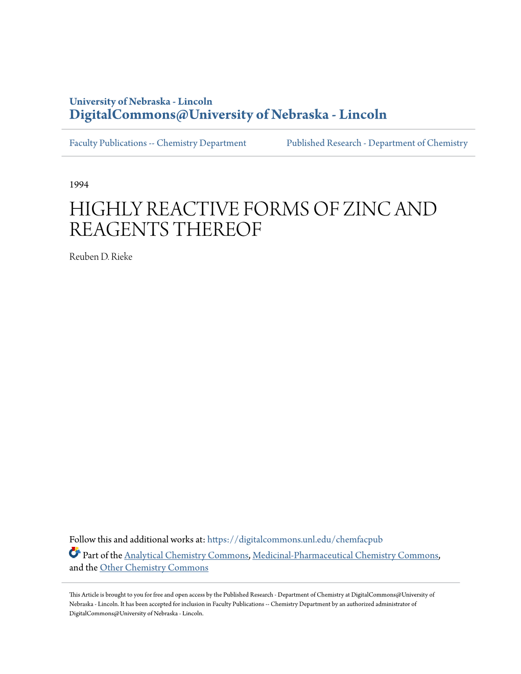 HIGHLY REACTIVE FORMS of ZINC and REAGENTS THEREOF Reuben D