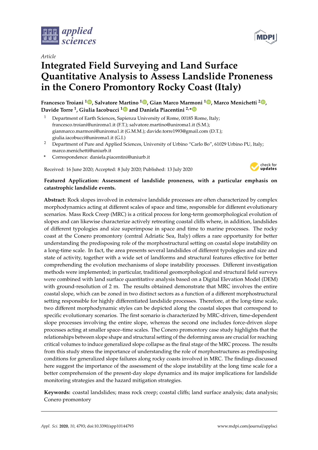 Integrated Field Surveying and Land Surface Quantitative Analysis to Assess Landslide Proneness in the Conero Promontory Rocky Coast (Italy)