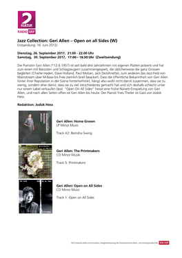 Jazz Collection: Geri Allen – Open on All Sides (W) Erstsendung: 16