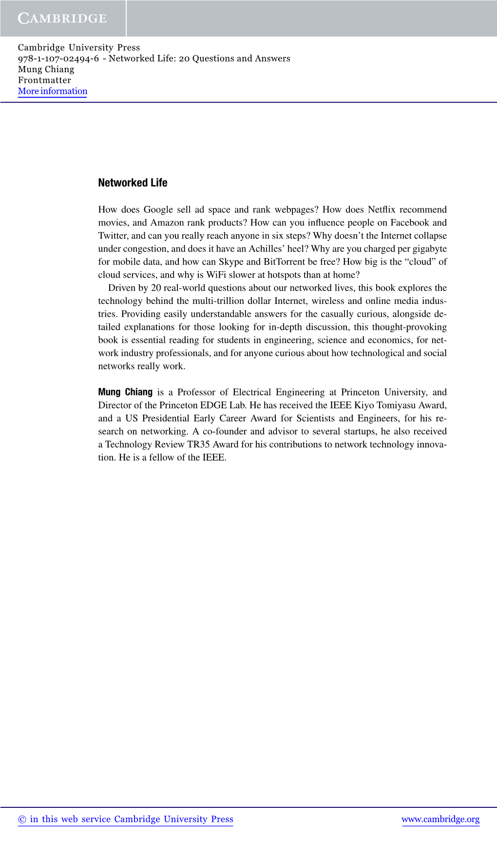 Networked Life: 20 Questions and Answers Mung Chiang Frontmatter More Information