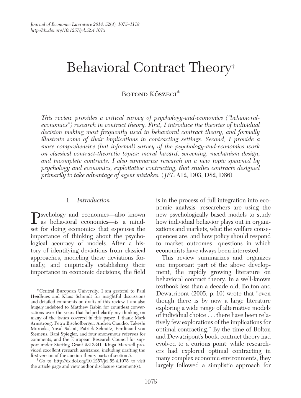 Behavioral Contract Theory †