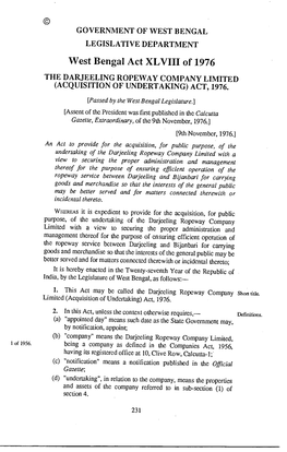 West Bengal Act XLVIII of 1976 the DARJEELING ROPEWAY COMPANY LIMITED (ACQUISITION of UNDERTAKING) ACT, 1976
