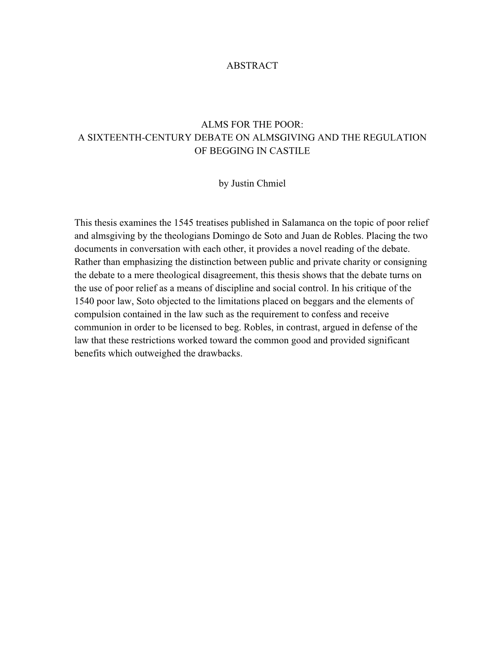 A Sixteenth-Century Debate on Almsgiving and the Regulation of Begging in Castile