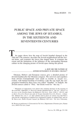 Public Space and Private Space Among the Jews of Istanbul in the Sixteenth and Seventeenth Centuries