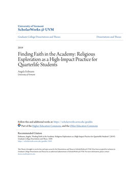 Religious Exploration As a High-Impact Practice for Quarterlife Students Angela Erdmann University of Vermont