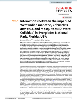 Interactions Between the Imperiled West Indian Manatee, Trichechus Manatus, and Mosquitoes (Diptera: Culicidae) in Everglades National Park, Florida, USA Lawrence E
