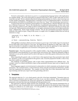 Parametric Polymorphism (Generics) 30 April 2018 Lecturer: Andrew Myers