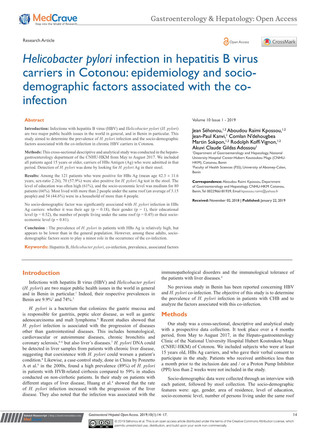 Helicobacter Pylori Infection in Hepatitis B Virus Carriers in Cotonou: Epidemiology and Socio- Demographic Factors Associated with the Co- Infection