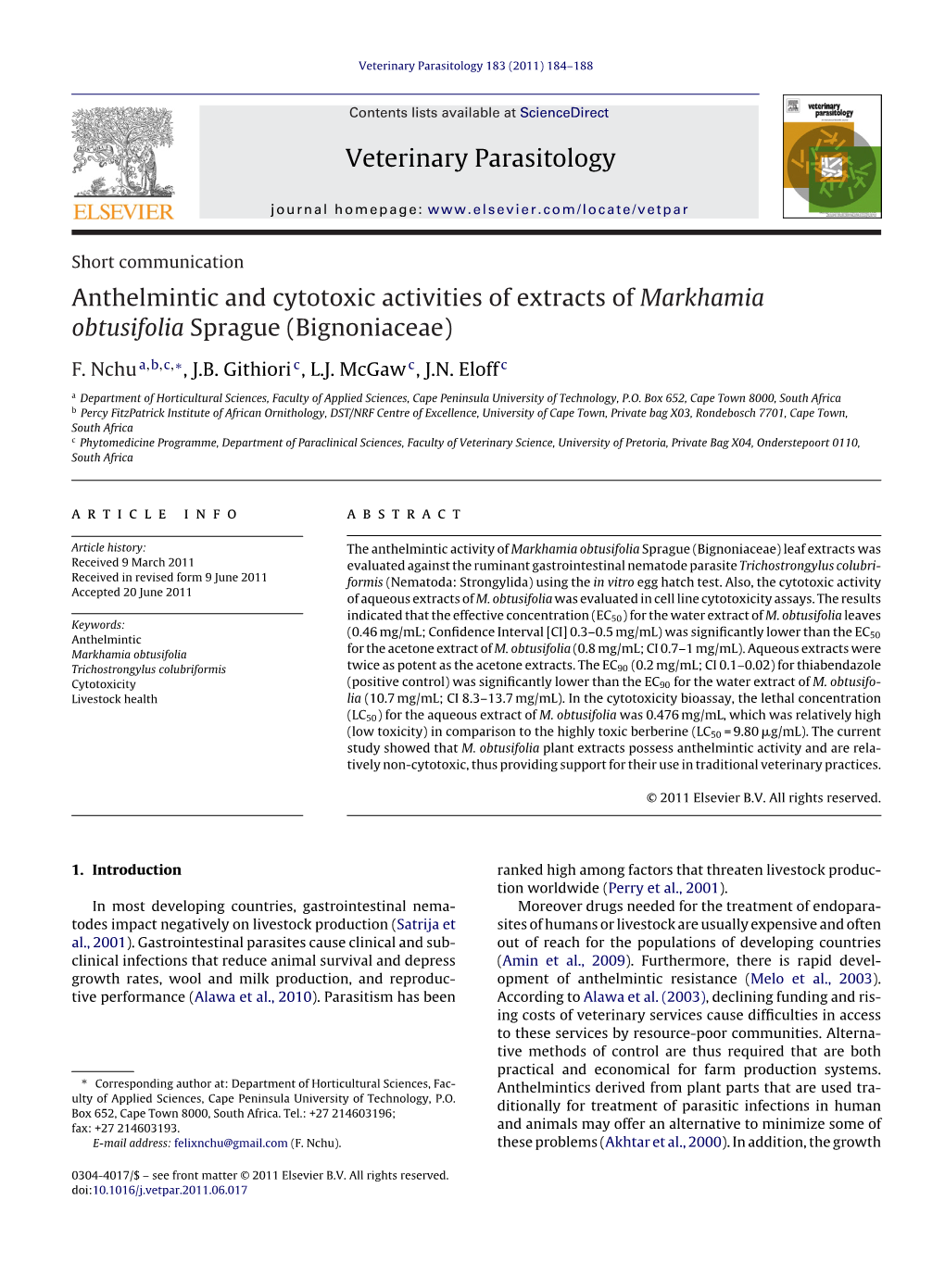 Anthelmintic and Cytotoxic Activities of Extracts of Markhamia Obtusifolia Sprague (Bignoniaceae)