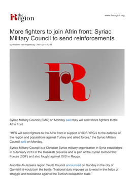 More Fighters to Join Afrin Front: Syriac Military Council to Send Reinforcements by Wladimir Van Wilgenburg - 29/01/2018 12:46