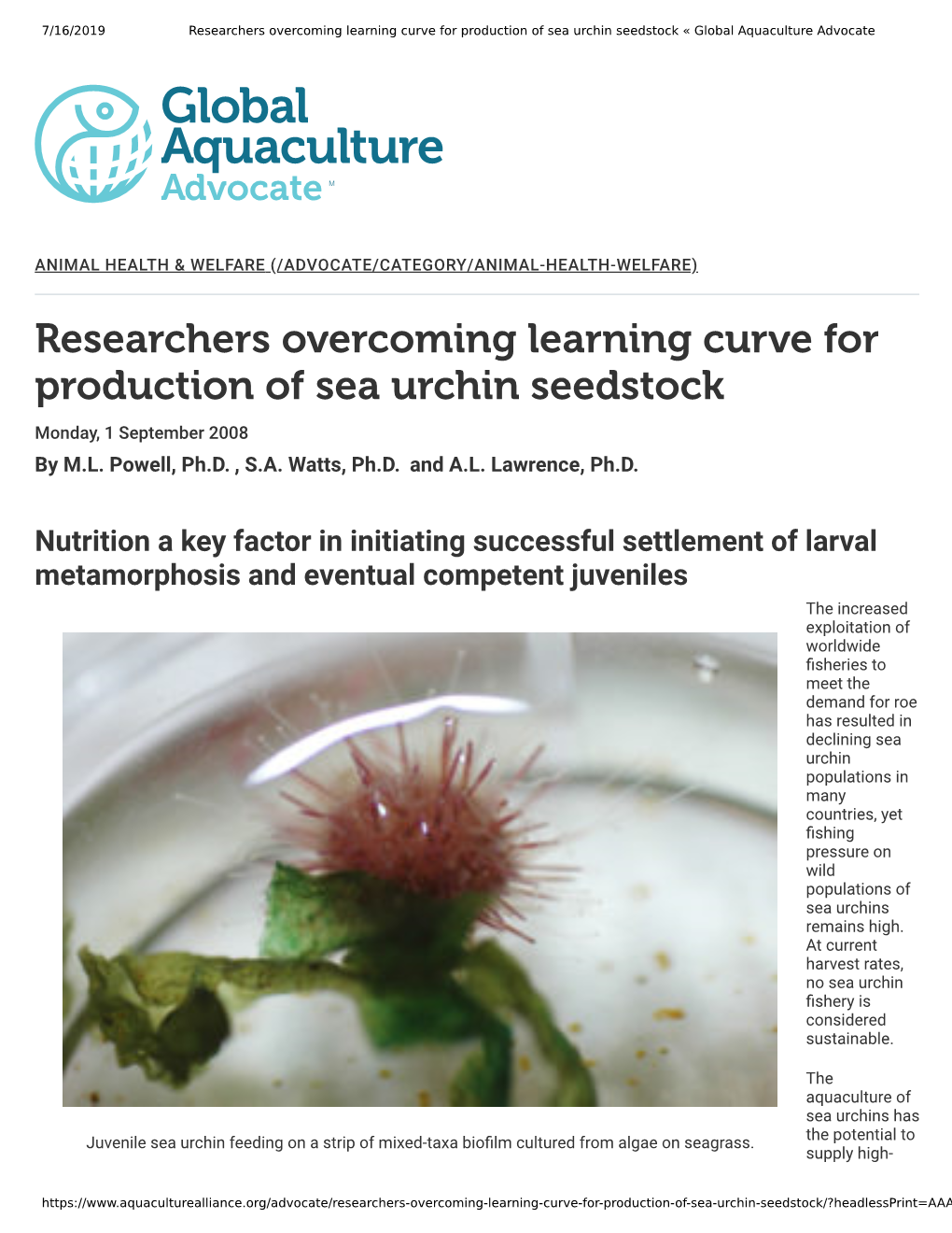 Researchers Overcoming Learning Curve for Production of Sea Urchin Seedstock « Global Aquaculture Advocate