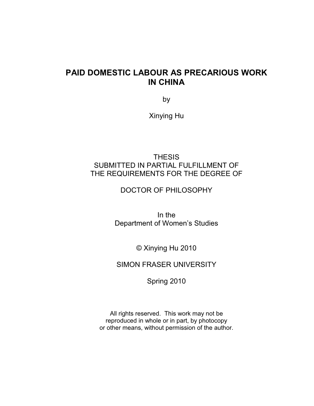 Paid Domestic Labour As Precarious Work in China