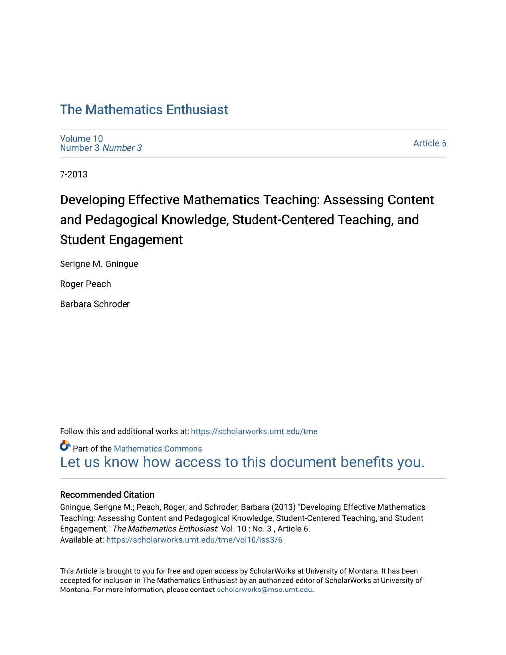 Developing Effective Mathematics Teaching: Assessing Content and ...