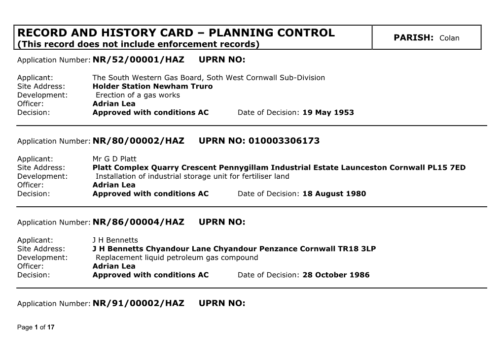 RECORD and HISTORY CARD – PLANNING CONTROL PARISH: Colan (This Record Does Not Include Enforcement Records)