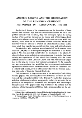 Andreiu Saguna and the Restoration of the Rumanian Orthodox Metropolis in Transylvania, 1846-1868