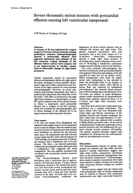 Severe Rheumatic Mitral Stenosis with Pericardial Effusion Causing Left Ventricular Tamponade Br Heart J: First Published As 10.1136/Hrt.67.3.269 on 1 March 1992